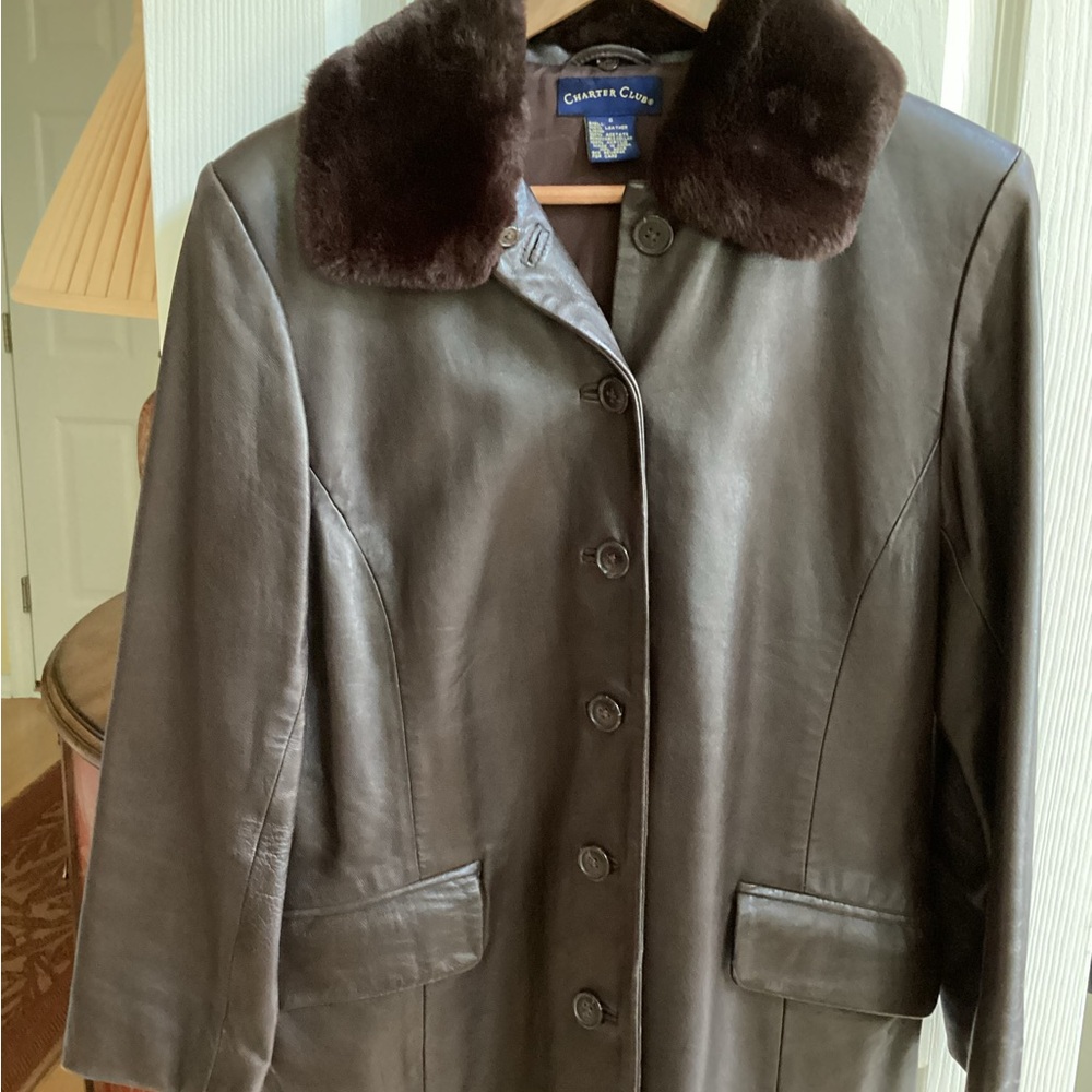 Charter Club Dark Brown Leather Jacket with Fur Collar